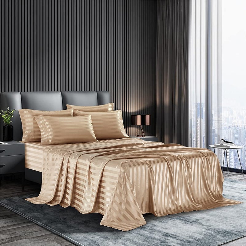 AiMay 6 Piece Satin Italian Style Bed Sheet Set Deep Pocket Striped 1800 Luxury Rich Silk 1 Flat Sheet 1 Fitted Sheet 4 Envelope Pillowcases Stain-Resistant Wrinkle Free (King,Taupe) - Image 1